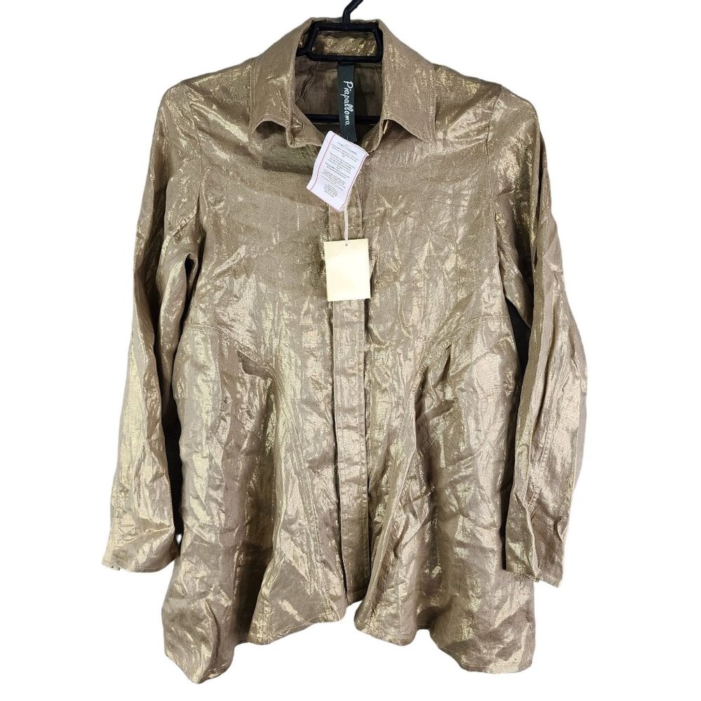 Womens Gold Piapalloma 100% Linen Blouse Shirt Top Button up Long Sleeve Size M
